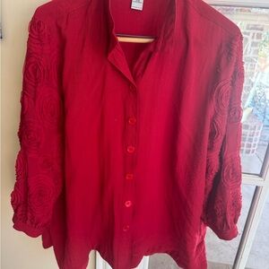 John Mark Red Button Down Shirt with Floral Sleeves- XL